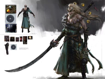 HD desktop wallpaper and background featuring a character from the video game Asura's Wrath, showcasing intricate armor and a large sword. Detailed design elements are highlighted in the side panels.