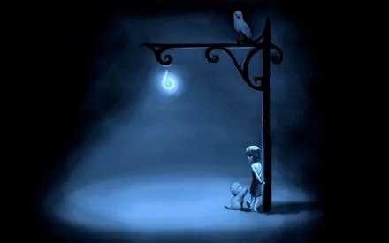 Artistic fantasy painting of a lonely little girl with a kitten and an owl perched on a glowing street light, captured in an HD PC desktop wallpaper style.