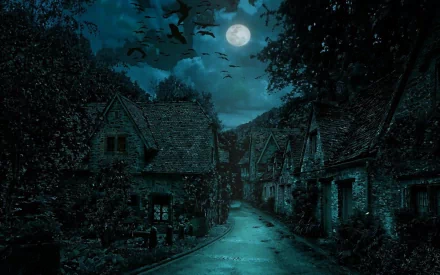 Artistic HD desktop wallpaper depicting a moonlit village street lined with rustic houses under a dark, cloudy sky filled with flying birds.