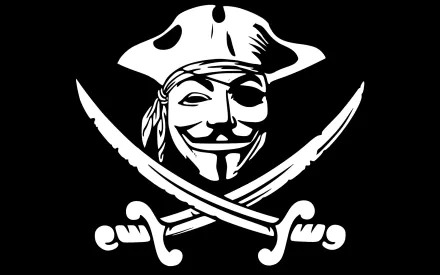 A striking digital wallpaper featuring a bold pirate emblem with a masked face and crossed swords, perfectly capturing the essence of fantasy and adventure on a sleek black background.