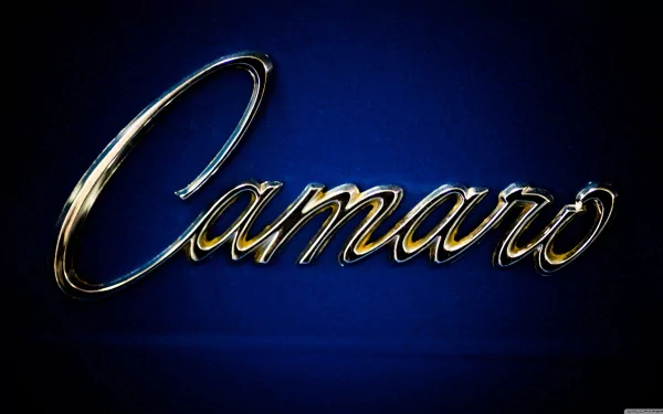 Close-up of the Chevrolet Camaro emblem in shiny chrome against a deep blue background, presented as a 4K Ultra HD PC desktop wallpaper and background.
