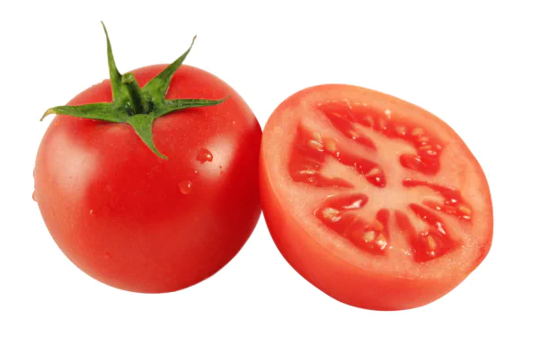A vibrant red tomato with a green stem next to a sliced half, showcasing its juicy interior. This HD image serves as a fresh and colorful desktop wallpaper or background.
