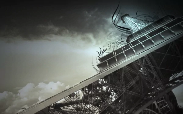 HD PC desktop wallpaper and background of the Eiffel Tower: dramatic low-angle monochrome view of its iron lattice and spire against a moody sky, man-made architectural focus.