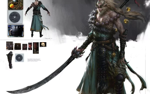 HD desktop wallpaper and background featuring a character from the video game Asura's Wrath, showcasing intricate armor and a large sword. Detailed design elements are highlighted in the side panels.