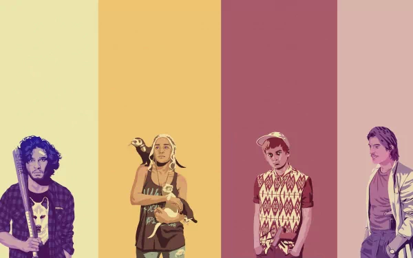 A vibrant HD wallpaper featuring iconic characters from Game of Thrones: Jaime Lannister, Joffrey Baratheon, Daenerys Targaryen, and Jon Snow against a colorful background.