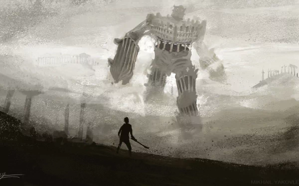HD desktop wallpaper featuring a silhouette of a warrior facing a massive colossus in a monochrome landscape from Shadow of the Colossus.