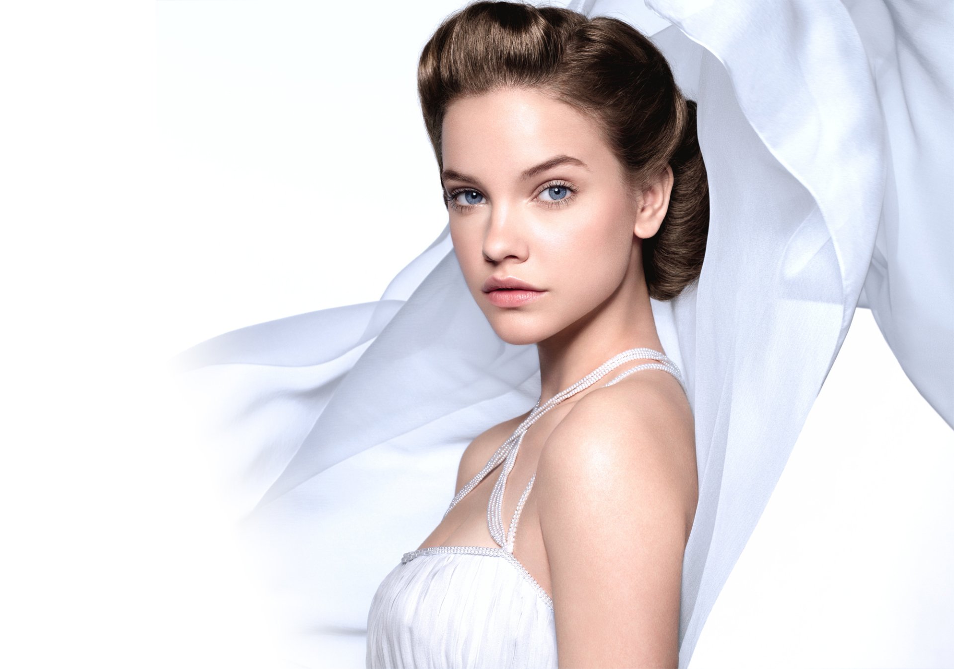 HD PC desktop wallpaper featuring celebrity Barbara Palvin in a soft, elegant pose with flowing fabric against a light background.