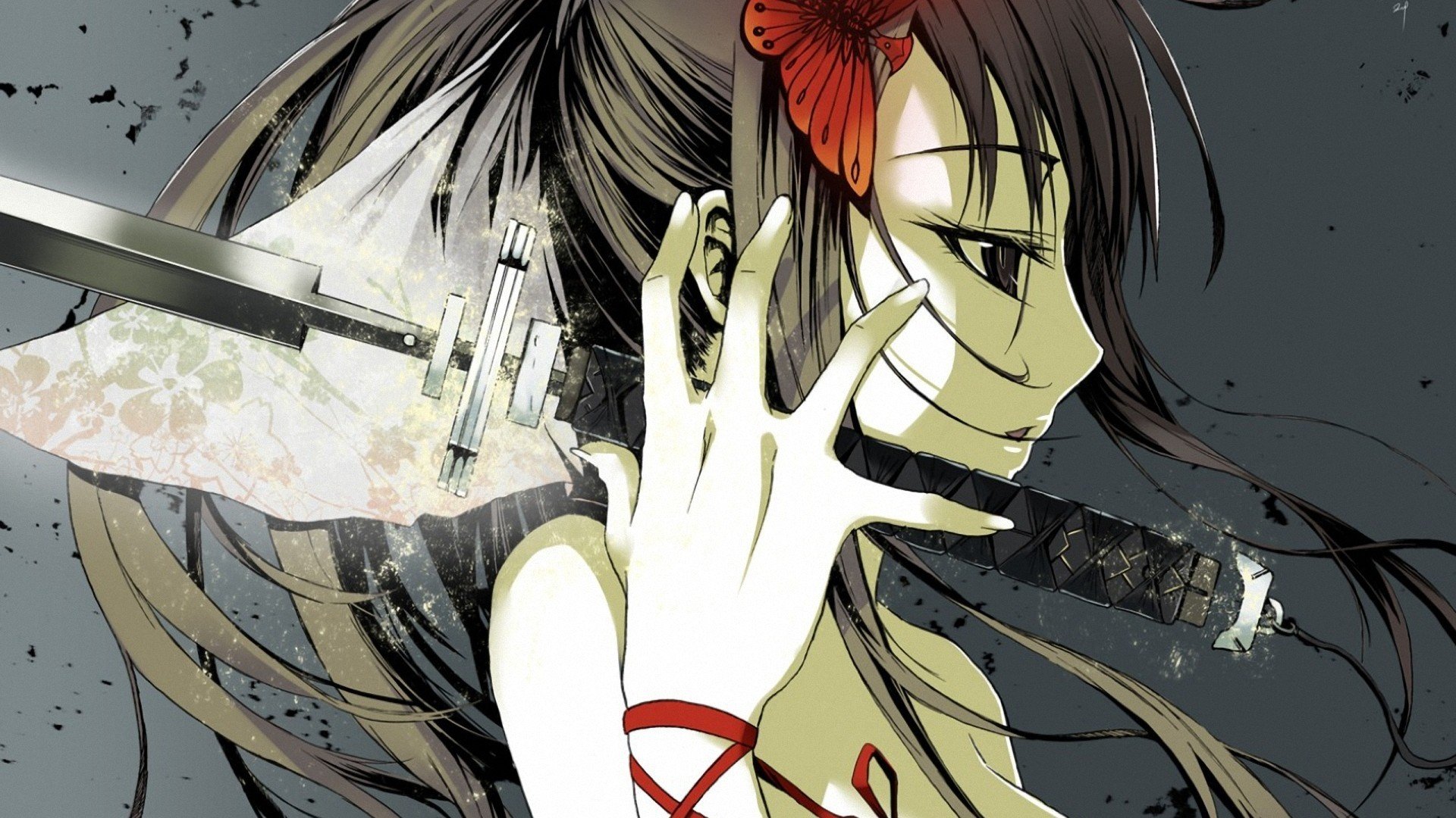 Anime-inspired HD desktop wallpaper featuring a serene character with long hair, holding a katana, adorned with a red flower and intricate details in a dynamic background.
