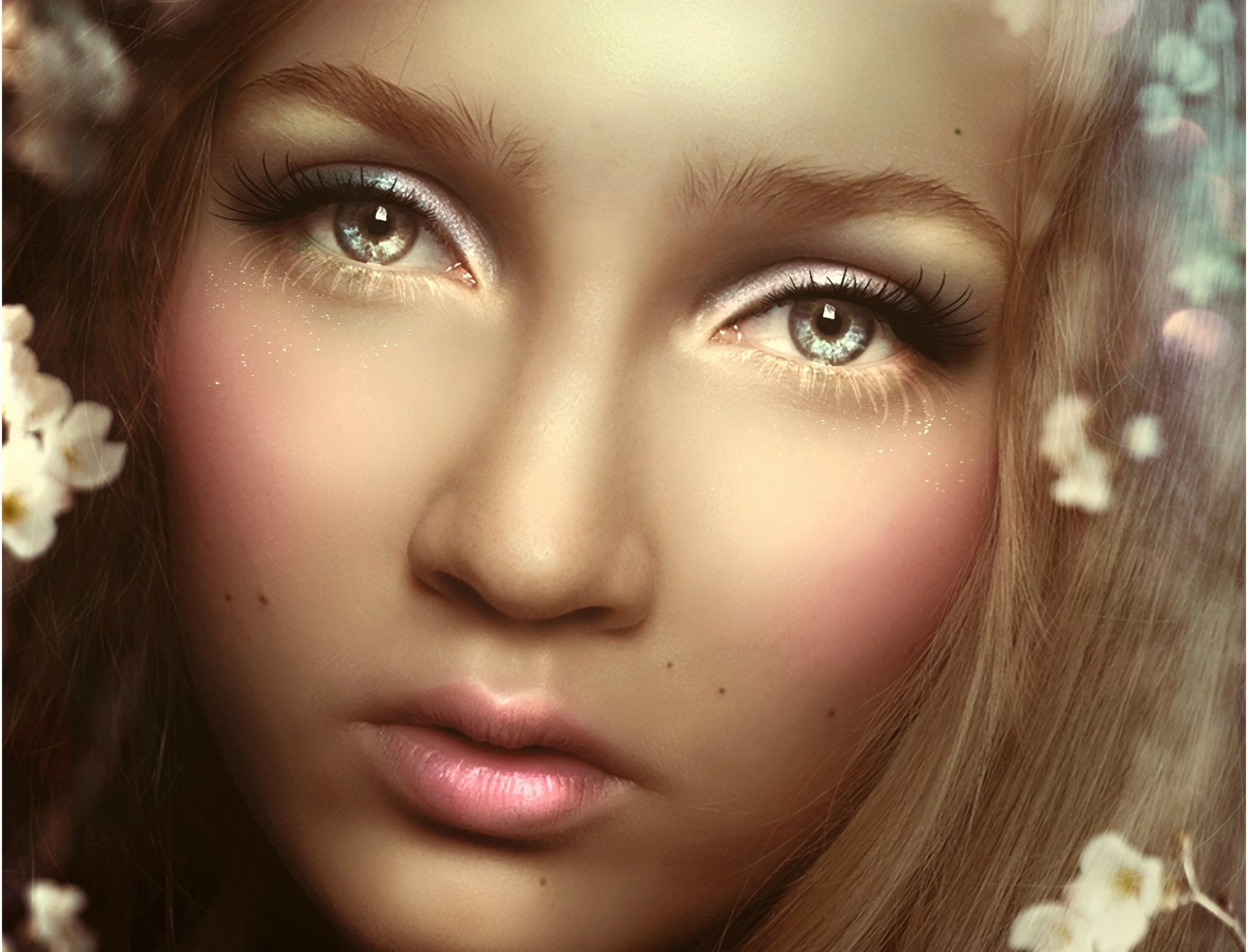 HD artistic close-up of a woman's face with soft lighting and delicate floral accents, designed as a PC desktop wallpaper and background.