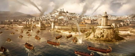 HD PC desktop wallpaper depicting a naval battle scene from the video game Total War: Rome II, featuring ancient ships attacking a fortified coastal city.