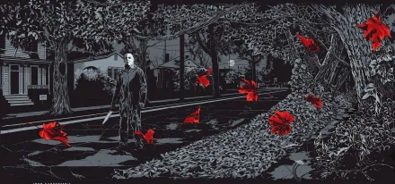 A haunting HD wallpaper featuring Michael Myers from the movie Halloween (1978), set against a dark suburban backdrop with swirling red leaves, capturing the eerie essence of the film.