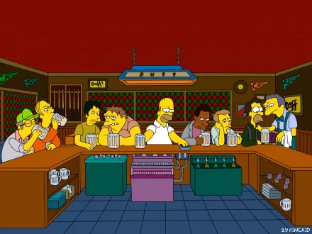 A vibrant HD wallpaper featuring Moe Szyslak and Homer Simpson along with other characters from The Simpsons, gathered at Moe's Tavern, enjoying drinks in a lively bar setting.