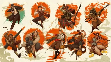 HD PC desktop wallpaper featuring stylized characters from the video game Team Fortress 2, each striking dynamic poses against an orange circular background.