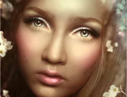 HD artistic close-up of a woman's face with soft lighting and delicate floral accents, designed as a PC desktop wallpaper and background.