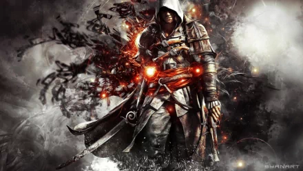 HD desktop wallpaper featuring a character from the video game Assassin's Creed IV: Black Flag in a dynamic, smoky background. The character is dressed in iconic assassin gear with glowing accents.