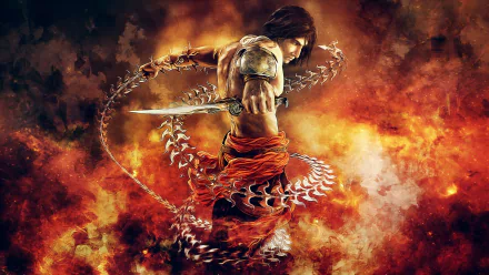 A stunning HD wallpaper from Prince of Persia: The Two Thrones, featuring the agile Prince wielding a sword amidst a fiery backdrop, capturing the game's intense atmosphere.