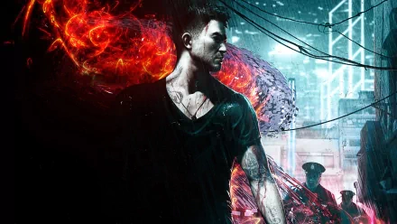 HD desktop wallpaper and background featuring a character from the video game Sleeping Dogs, with a vivid, dynamic blend of fiery and urban elements.