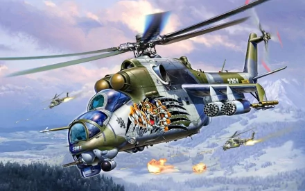 A vibrant HD wallpaper featuring a Mil Mi-24 helicopter in action, showcasing military prowess amidst a background of explosions and other helicopters in a snowy landscape.