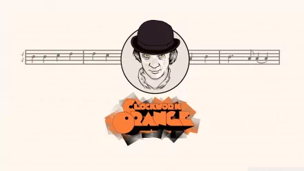 HD PC desktop wallpaper for the movie A Clockwork Orange: stylized portrait of Alex DeLarge in a bowler hat above a musical staff with the film's orange logo on a pale background.
