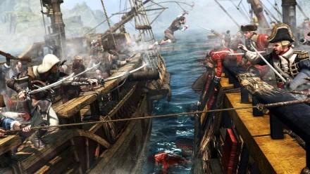 HD desktop wallpaper from the video game Assassin's Creed IV: Black Flag featuring a thrilling naval battle scene with pirate and naval ships engaging in combat.