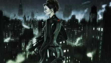 oriental cityscape rifle bodysuit Sci Fi woman warrior HD Desktop Wallpaper | Background Image