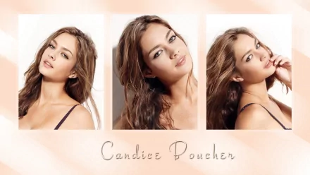 A high-definition desktop wallpaper featuring Candice Boucher, showcasing her in three captivating poses against a soft, pastel background.
