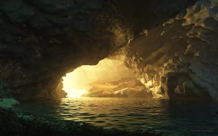 A serene cave illuminated by warm light, reflecting off tranquil waters, showcasing the beauty of nature. This HD image makes a captivating desktop wallpaper.