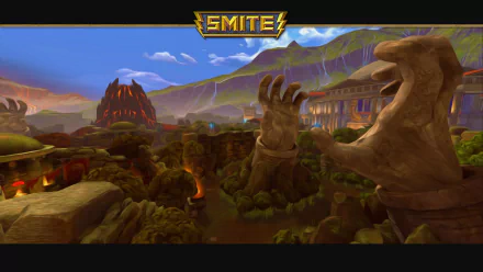HD PC desktop wallpaper featuring a dramatic landscape from the video game Smite, showcasing large statues and ancient ruins under a vibrant sky.
