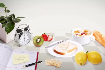 alarm clock strawberry kiwi lemon bread still life food breakfast HD Desktop Wallpaper | Background Image