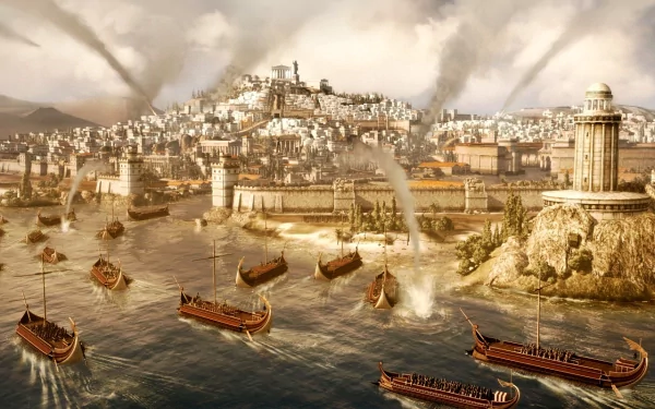 HD PC desktop wallpaper depicting a naval battle scene from the video game Total War: Rome II, featuring ancient ships attacking a fortified coastal city.