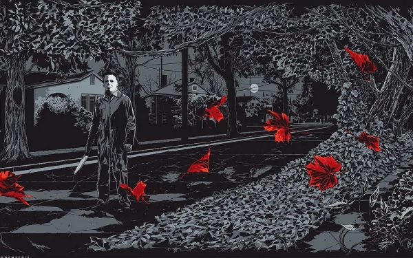 A haunting HD wallpaper featuring Michael Myers from the movie Halloween (1978), set against a dark suburban backdrop with swirling red leaves, capturing the eerie essence of the film.