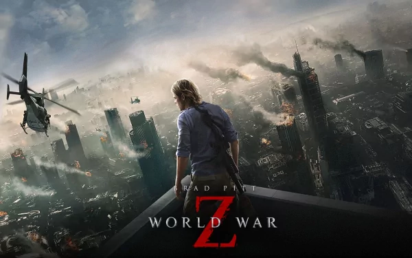 HD desktop wallpaper featuring Gerry Lane, played by Brad Pitt, overlooking a chaotic cityscape from the movie World War Z.