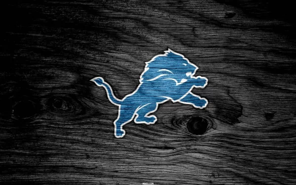 HD desktop wallpaper featuring the Detroit Lions logo in blue against a dark wooden textured background, representing Detroit sports pride.