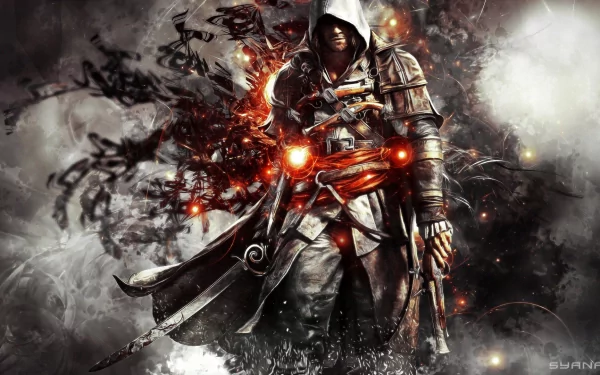 HD desktop wallpaper featuring a character from the video game Assassin's Creed IV: Black Flag in a dynamic, smoky background. The character is dressed in iconic assassin gear with glowing accents.