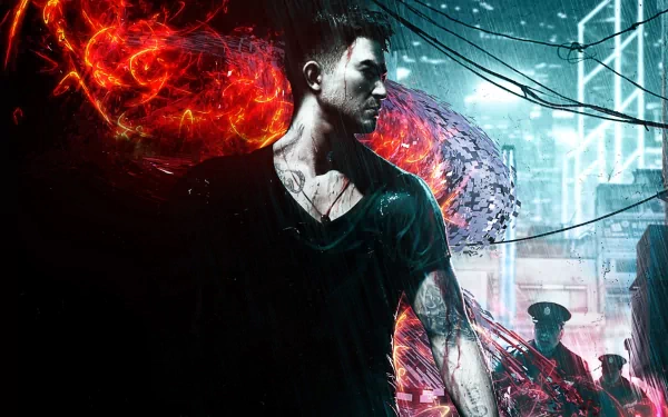 HD desktop wallpaper and background featuring a character from the video game Sleeping Dogs, with a vivid, dynamic blend of fiery and urban elements.