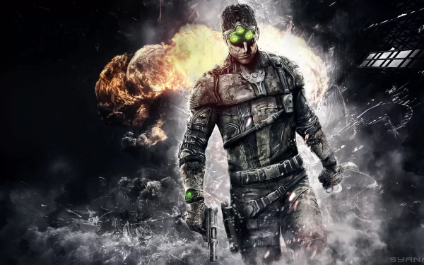 HD PC desktop wallpaper featuring Sam Fisher from the video game Tom Clancy's Splinter Cell: Blacklist, with smoky effects and glowing green night vision goggles.