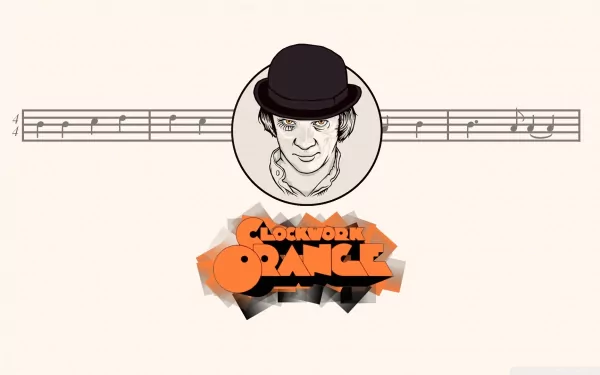 HD PC desktop wallpaper for the movie A Clockwork Orange: stylized portrait of Alex DeLarge in a bowler hat above a musical staff with the film's orange logo on a pale background.