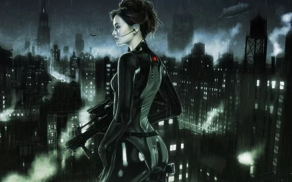 oriental cityscape rifle bodysuit Sci Fi woman warrior HD Desktop Wallpaper | Background Image