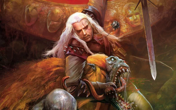 4K Ultra HD PC desktop wallpaper featuring a dynamic scene from the video game The Witcher, showcasing Geralt engaged in intense combat with a monstrous creature.