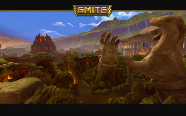 HD PC desktop wallpaper featuring a dramatic landscape from the video game Smite, showcasing large statues and ancient ruins under a vibrant sky.