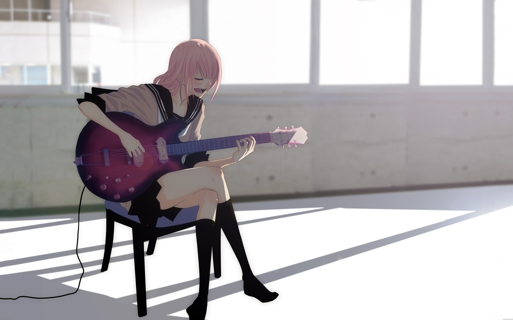 A vibrant HD illustration of Luka Megurine from Vocaloid, depicted sitting on a chair and playing an electric guitar, with soft light pouring into a minimalist space.