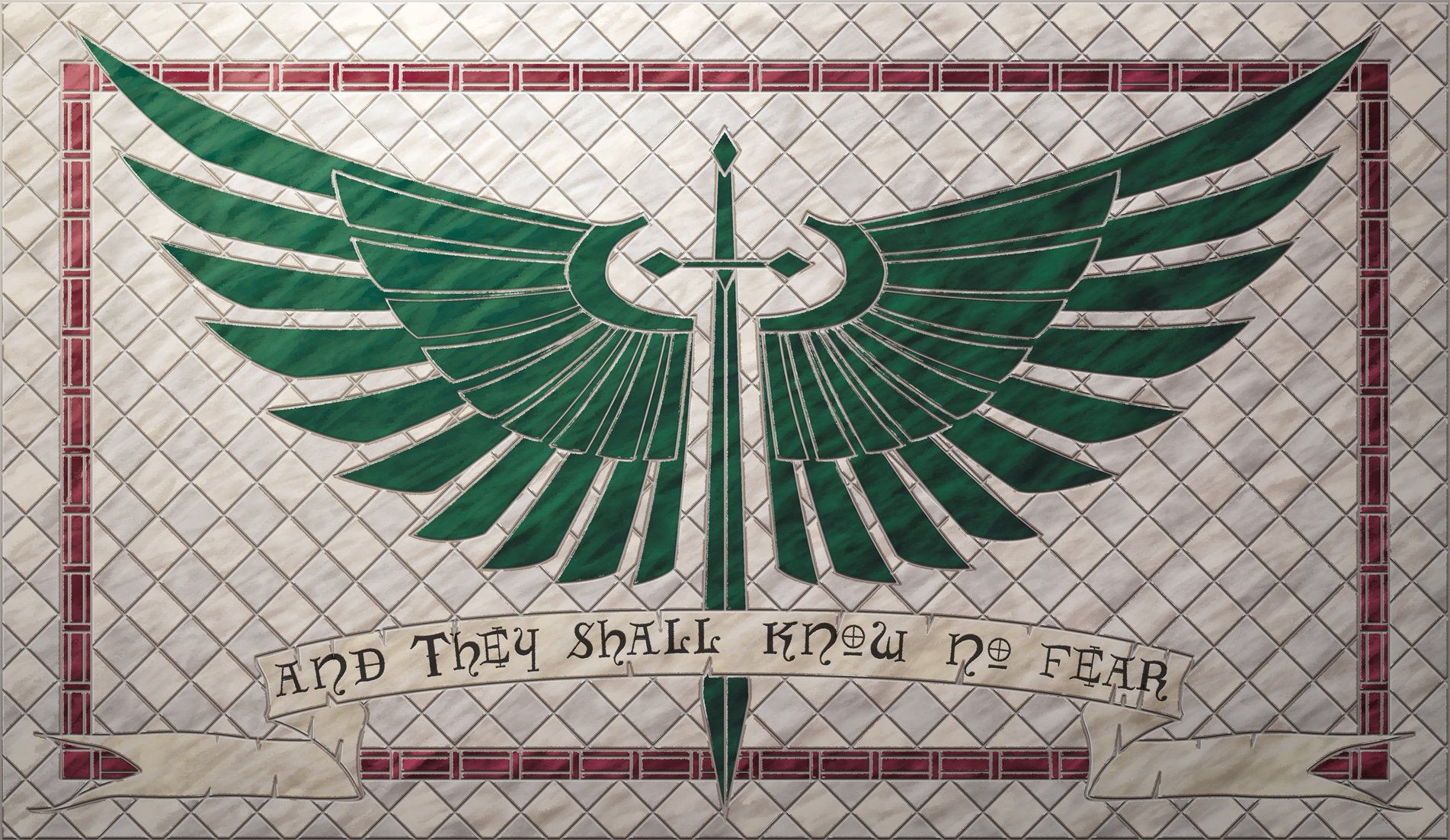 HD PC desktop wallpaper featuring a Warhammer 40k emblem with green wings and a sword, accompanied by the phrase And They Shall Know No Fear.