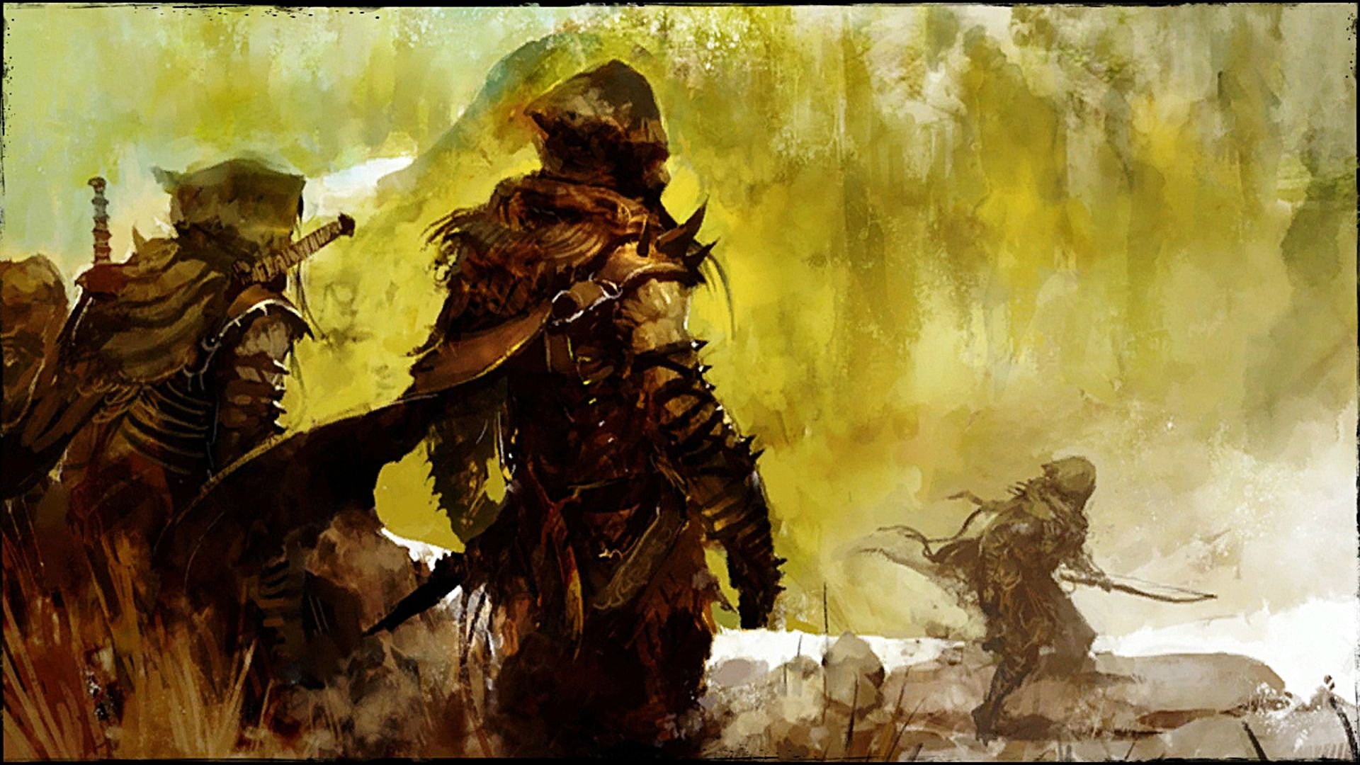 Guild Wars 2 HD PC desktop wallpaper/background: three hooded, armored warriors with blades stand on a yellow-green misty battlefield in a gritty painterly style.