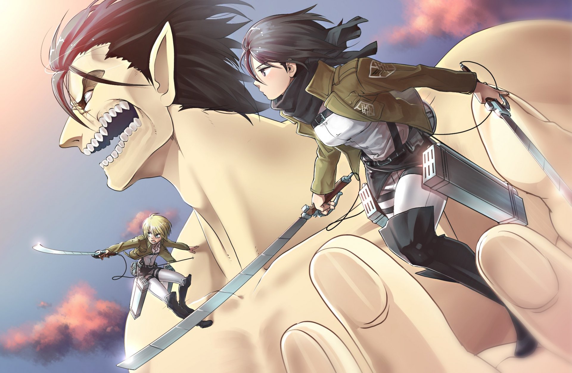 HD desktop wallpaper featuring Attack on Titan characters Mikasa Ackerman and Armin Arlert in action with Eren Yeager's Titan form in the background.