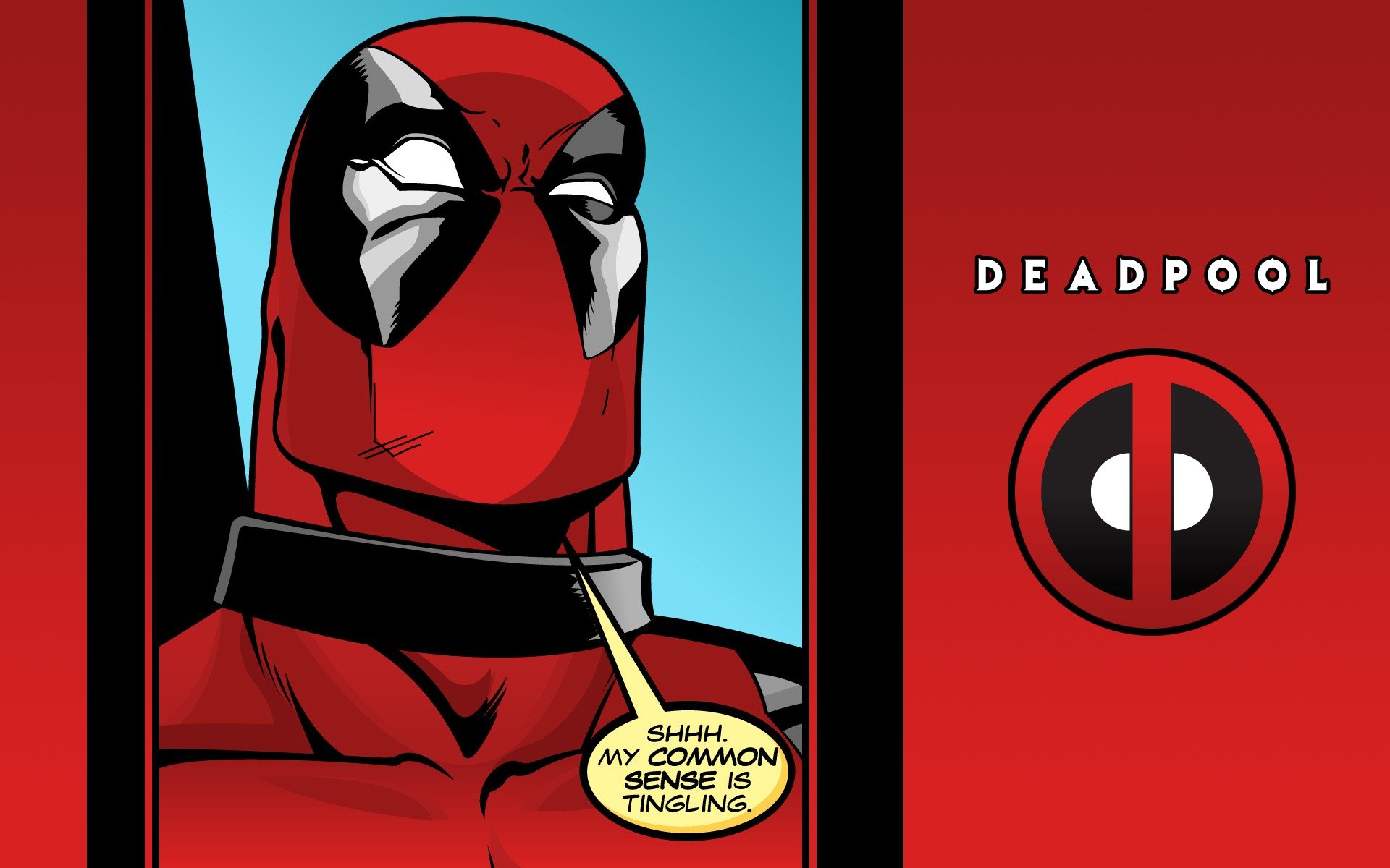 HD PC desktop wallpaper: comic-style Deadpool (Merc with a Mouth) close-up portrait, speech bubble Shh... my danger sense is tingling, red background with DEADPOOL title and logo.