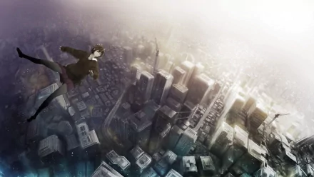 Anime-style HD desktop wallpaper depicting a figure falling through a sprawling cityscape, blending original art with detailed urban elements and dynamic perspective.