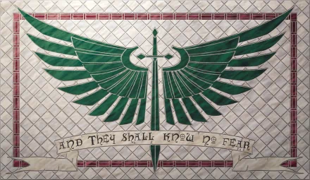HD PC desktop wallpaper featuring a Warhammer 40k emblem with green wings and a sword, accompanied by the phrase And They Shall Know No Fear.