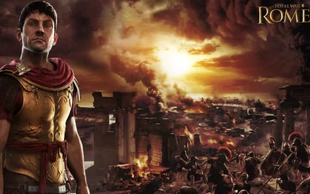 HD PC desktop wallpaper featuring a Roman soldier overlooking a burning ancient cityscape from the video game Total War: Rome II.