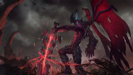 Aatrox from League of Legends stands triumphantly wielding a massive sword, surrounded by a dark, ominous landscape, creating a striking HD desktop wallpaper.