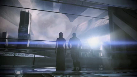 Mass Effect 3 2K Quad HD PC wallpaper: silhouetted pair holding hands on a futuristic balcony, overlooking a lit cityscape and a distant planet with a strong lens flare.